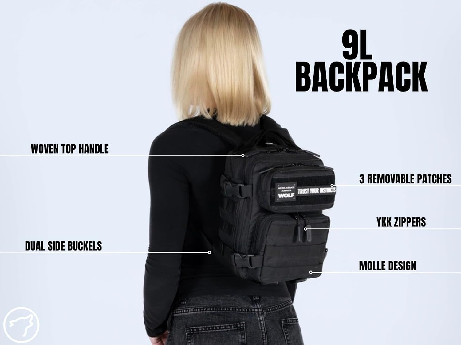 WOLFpak 9L Mini Tactical Backpack (Alpha Black) | Compact, Small Everyday Carry Bag for Gym, School, Travel | Durable, Water-Resistant Daypack with Molle System and Patch Panel