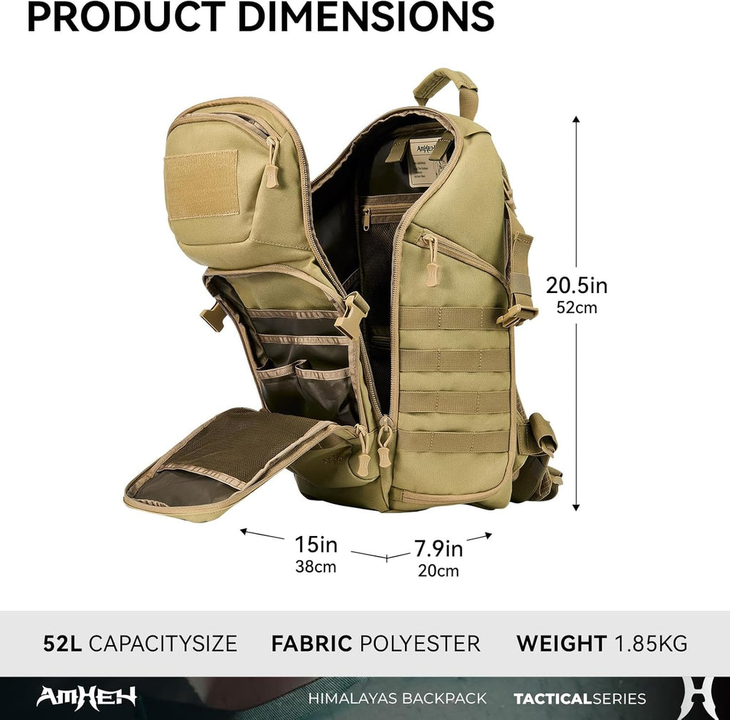 52L Tactical Backpack – 3-Day Bug Out Bag with Helmet Holder, Hydration Pocket & MOLLE for Emergency, Car Camping (Tan)