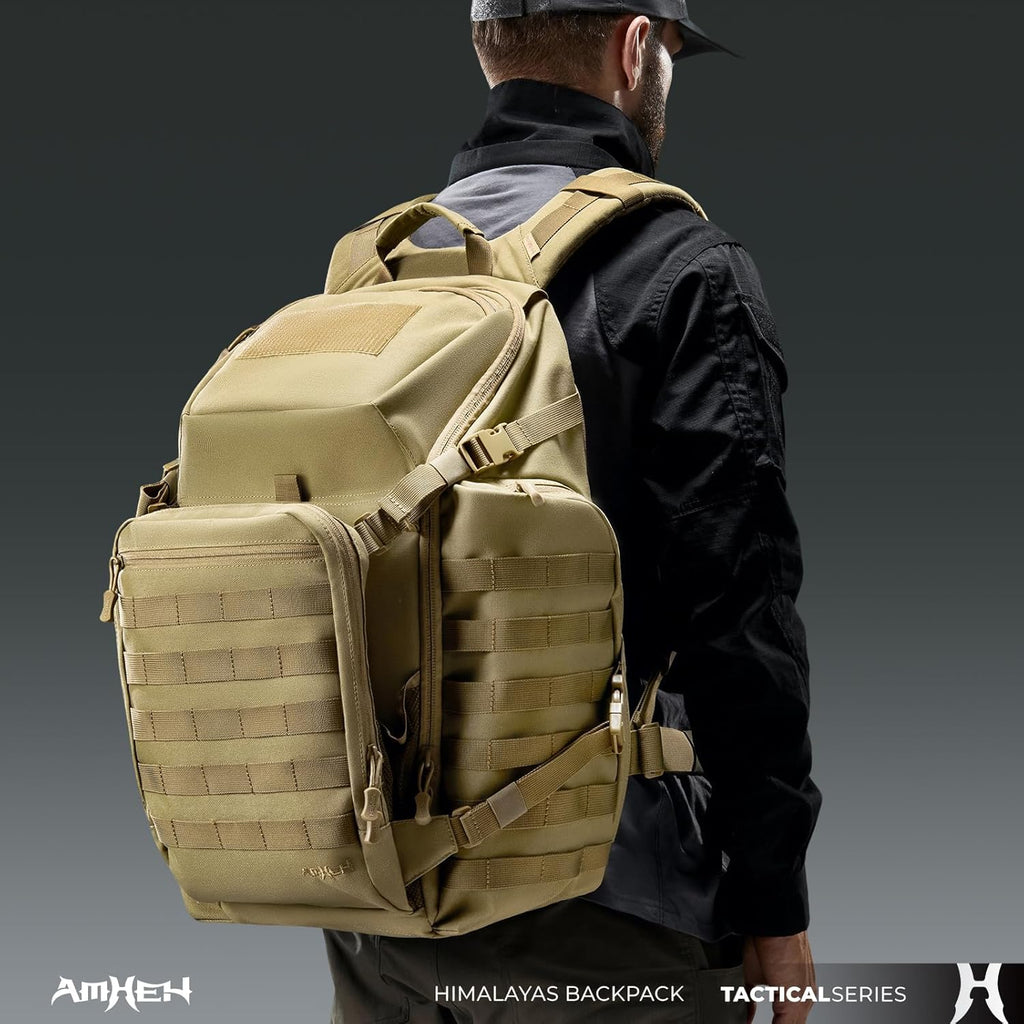 52L Tactical Backpack – 3-Day Bug Out Bag with Helmet Holder, Hydration Pocket & MOLLE for Emergency, Car Camping (Tan)
