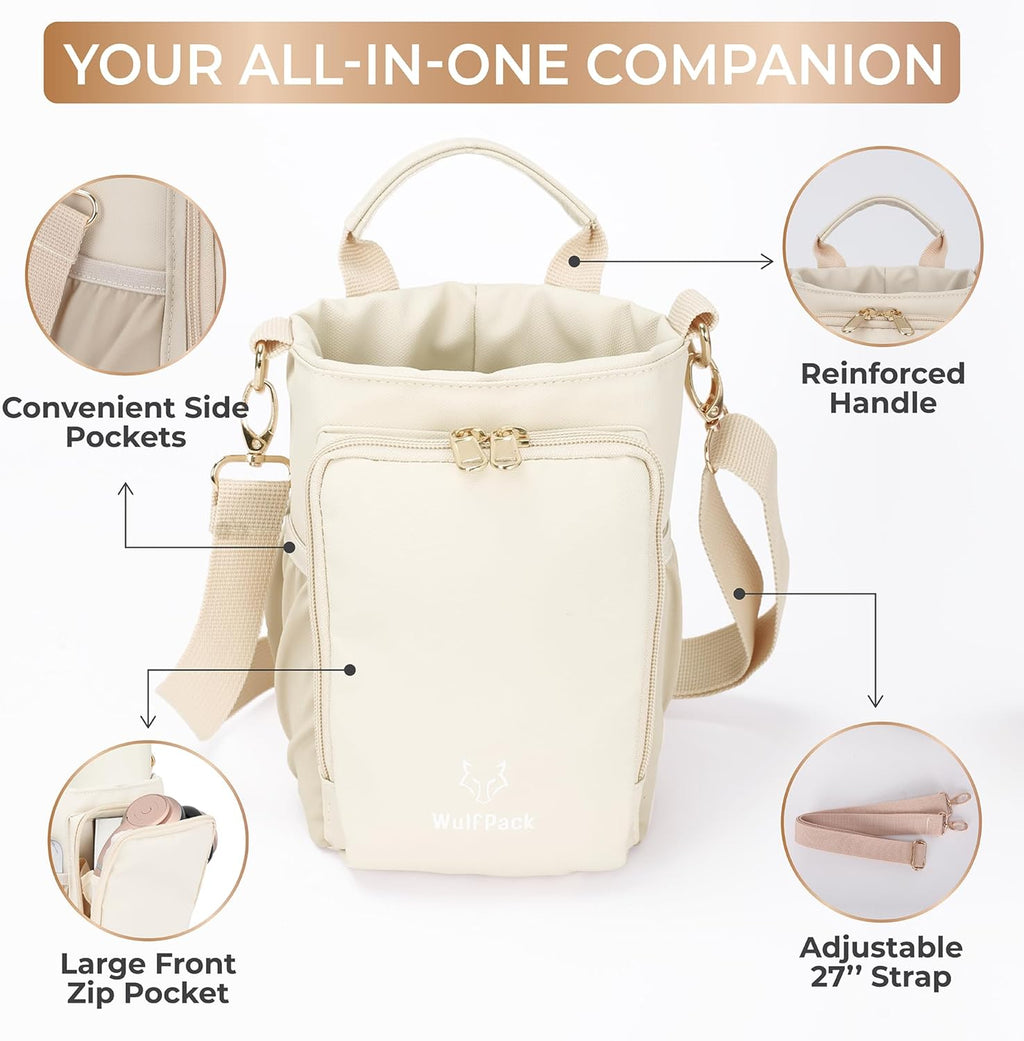 WulfPack Magnetic Gym Bag, Magnetic Bottle Bag, Water Bottle Carrier Holder with Large Phone Pockets, Large Pockets, Gym Bag, Work, and Sports (Crème)