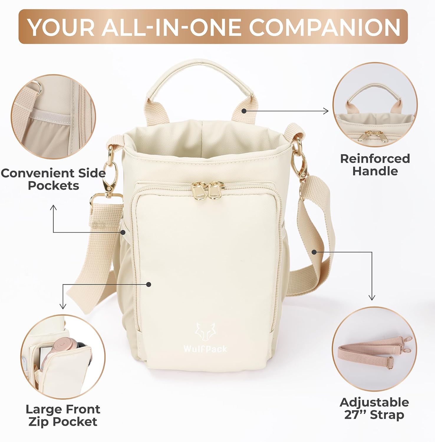 WulfPack Magnetic Gym Bag, Magnetic Bottle Bag, Water Bottle Carrier Holder with Large Phone Pockets, Large Pockets, Gym Bag, Work, and Sports (Crème)