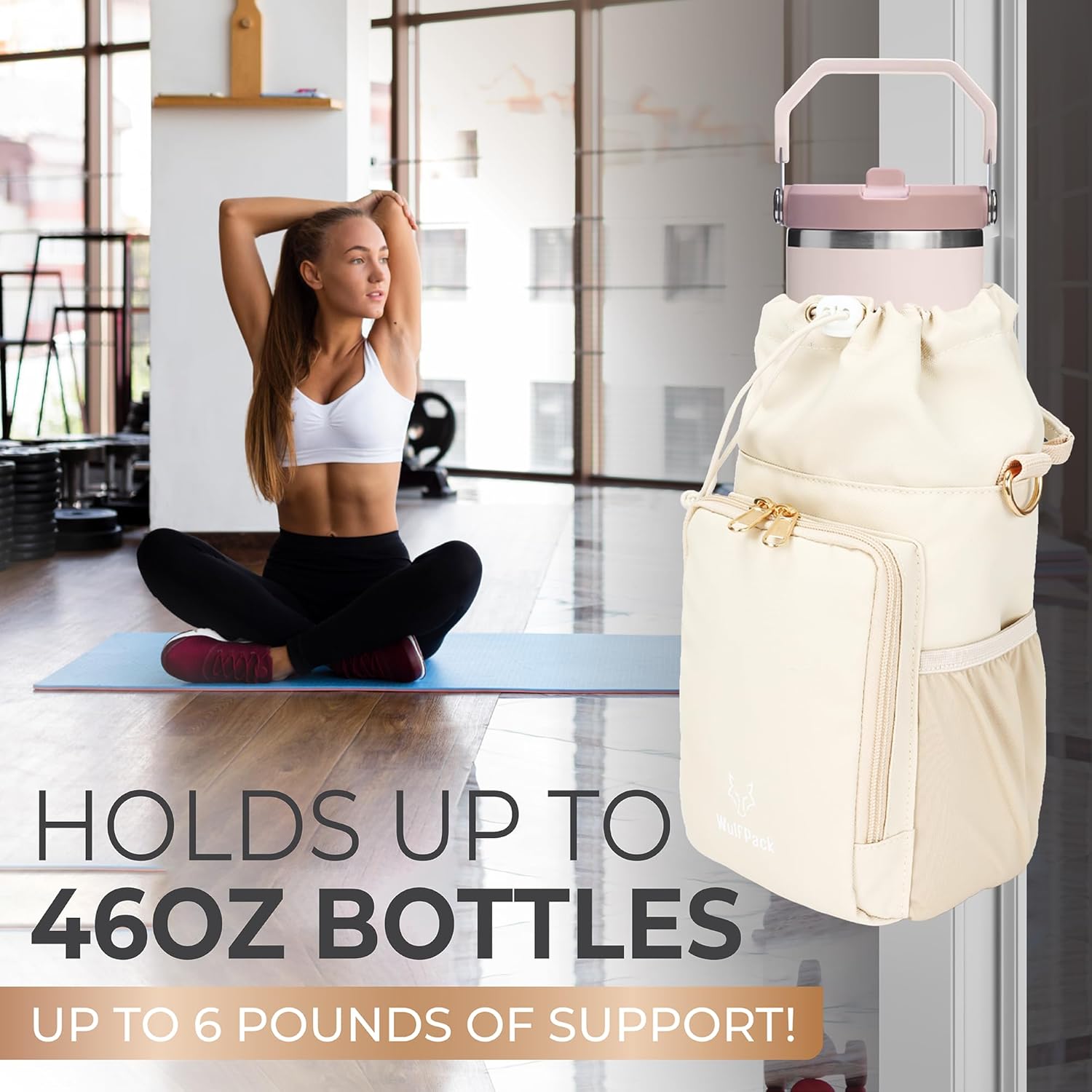 WulfPack Magnetic Gym Bag, Magnetic Bottle Bag, Water Bottle Carrier Holder with Large Phone Pockets, Large Pockets, Gym Bag, Work, and Sports (Crème)