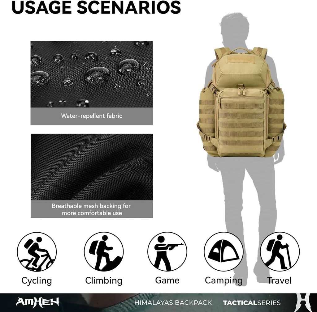 52L Tactical Backpack – 3-Day Bug Out Bag with Helmet Holder, Hydration Pocket & MOLLE for Emergency, Car Camping (Tan)
