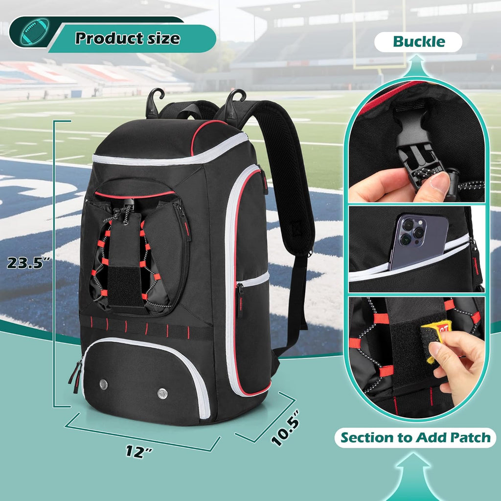 Football Bag for Equipment with External Ball Holder, Insulated Pocket and Fence Hooks, Football Backpack for Youth and Adult