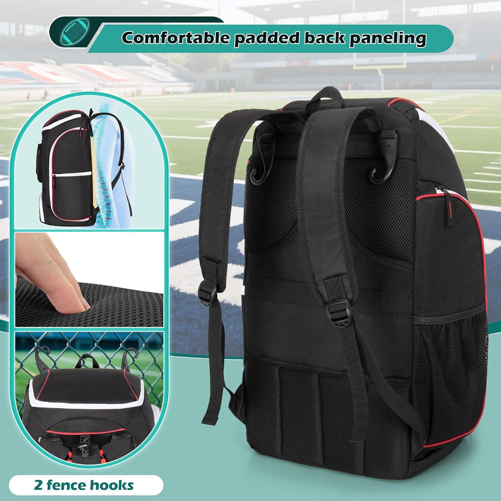 Football Bag for Equipment with External Ball Holder, Insulated Pocket and Fence Hooks, Football Backpack for Youth and Adult
