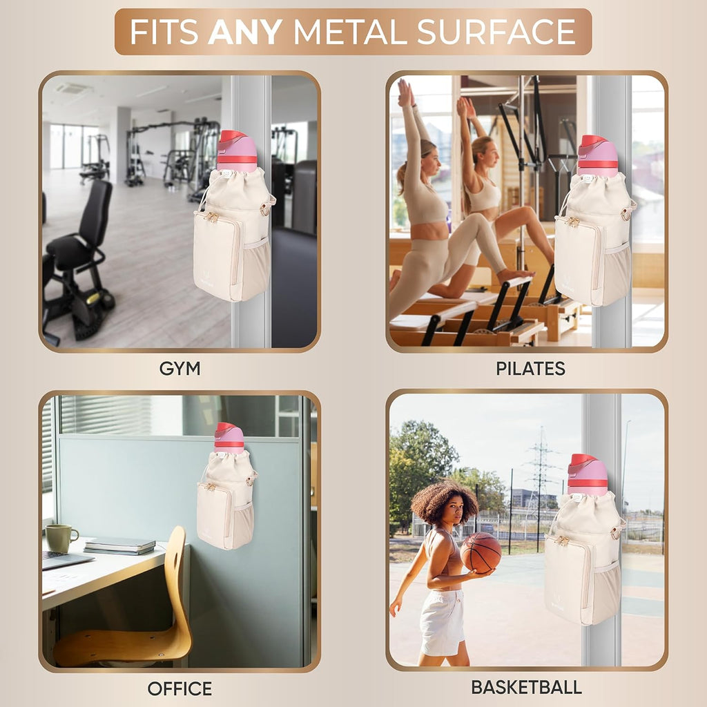 WulfPack Magnetic Gym Bag, Magnetic Bottle Bag, Water Bottle Carrier Holder with Large Phone Pockets, Large Pockets, Gym Bag, Work, and Sports (Crème)