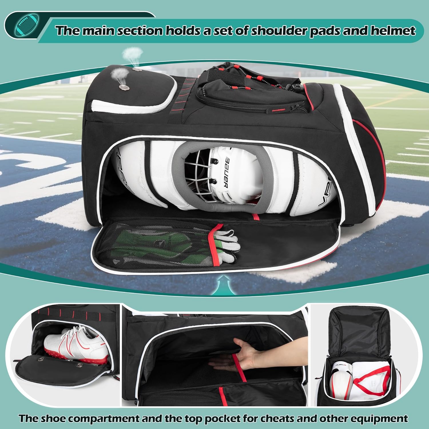 Football Bag for Equipment with External Ball Holder, Insulated Pocket and Fence Hooks, Football Backpack for Youth and Adult