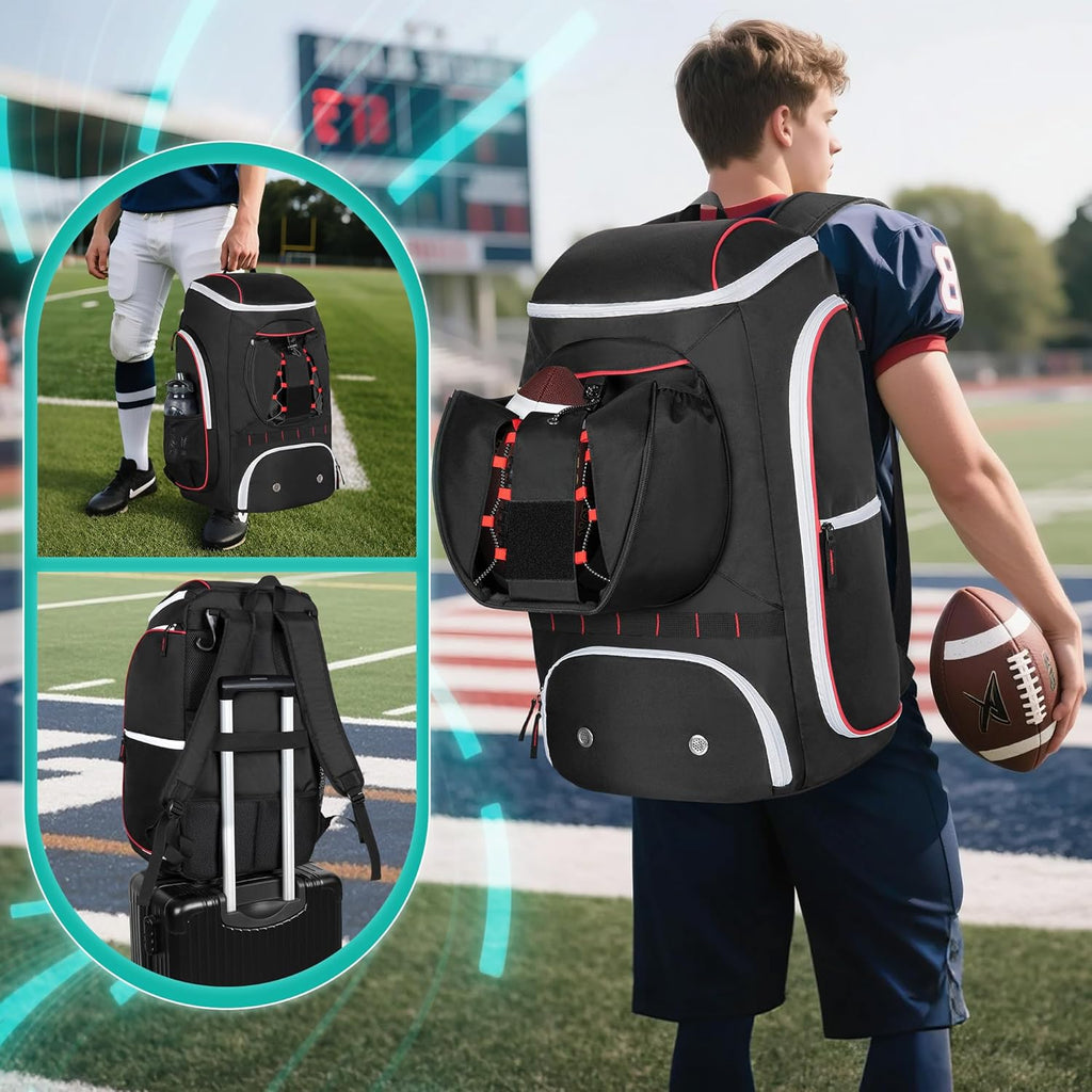 Football Bag for Equipment with External Ball Holder, Insulated Pocket and Fence Hooks, Football Backpack for Youth and Adult