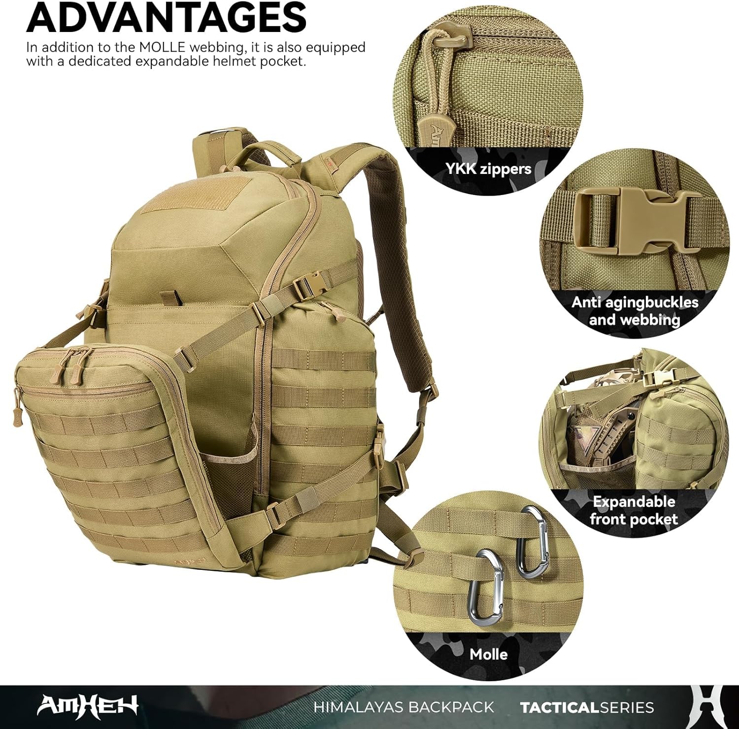 52L Tactical Backpack – 3-Day Bug Out Bag with Helmet Holder, Hydration Pocket & MOLLE for Emergency, Car Camping (Tan)