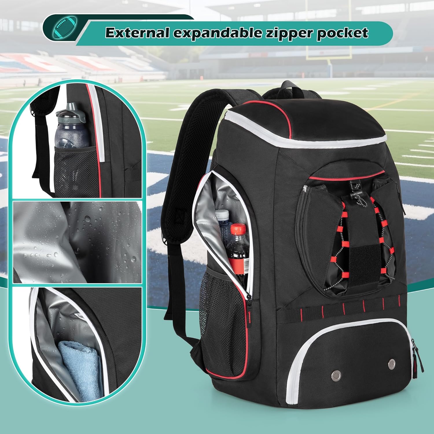 Football Bag for Equipment with External Ball Holder, Insulated Pocket and Fence Hooks, Football Backpack for Youth and Adult