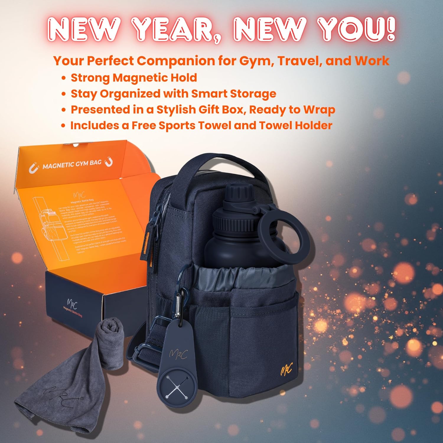 M2C® PREMIUM Magnetic Gym Bag – Holds Up to 12 lbs – Gym Pouch with Water Bottle, Cup & Wallet Pocket, Phone Storage, Key Clip, Adjustable Sling Strap – Ideal for Sports, Work & Travel