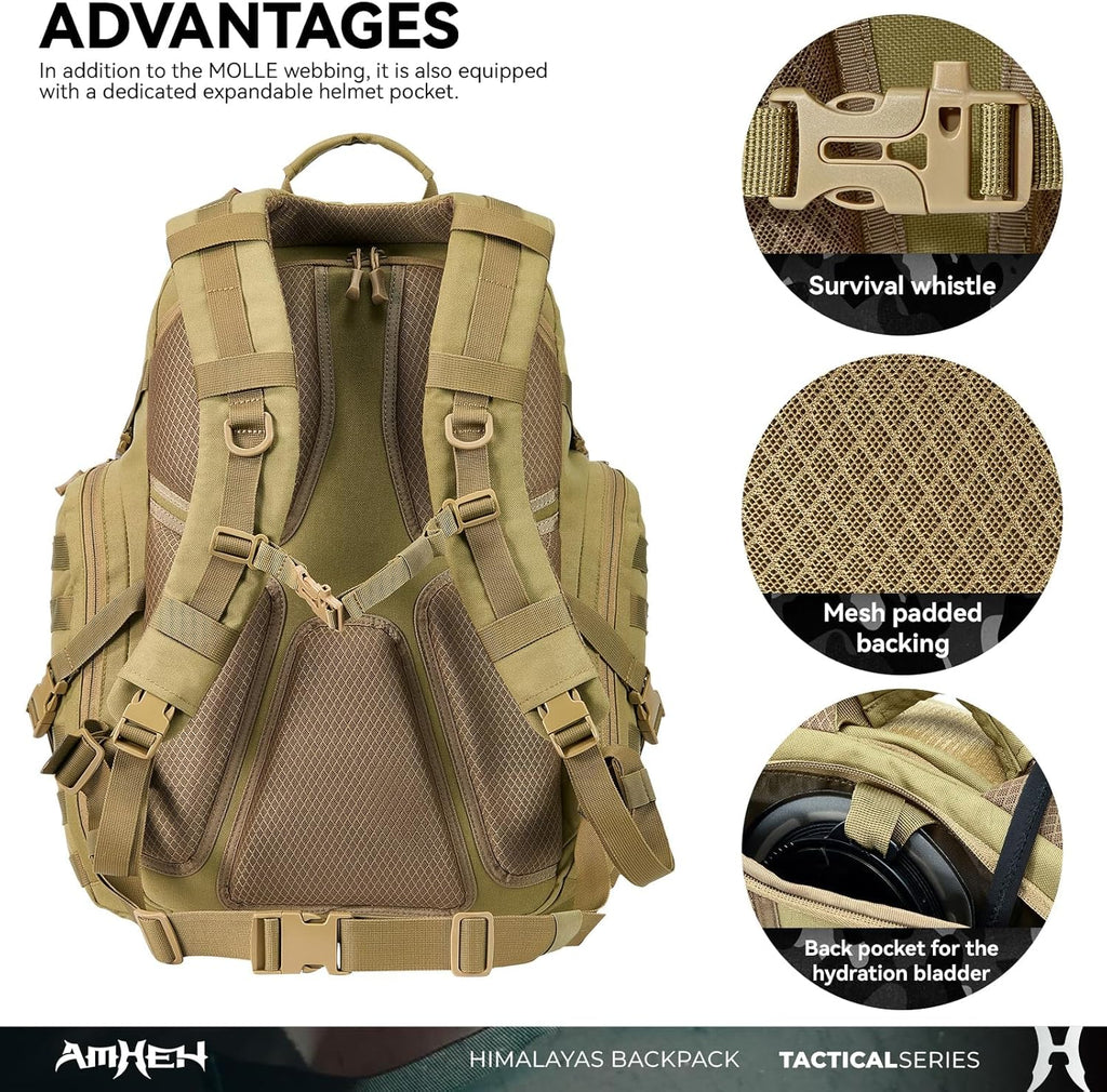 52L Tactical Backpack – 3-Day Bug Out Bag with Helmet Holder, Hydration Pocket & MOLLE for Emergency, Car Camping (Tan)