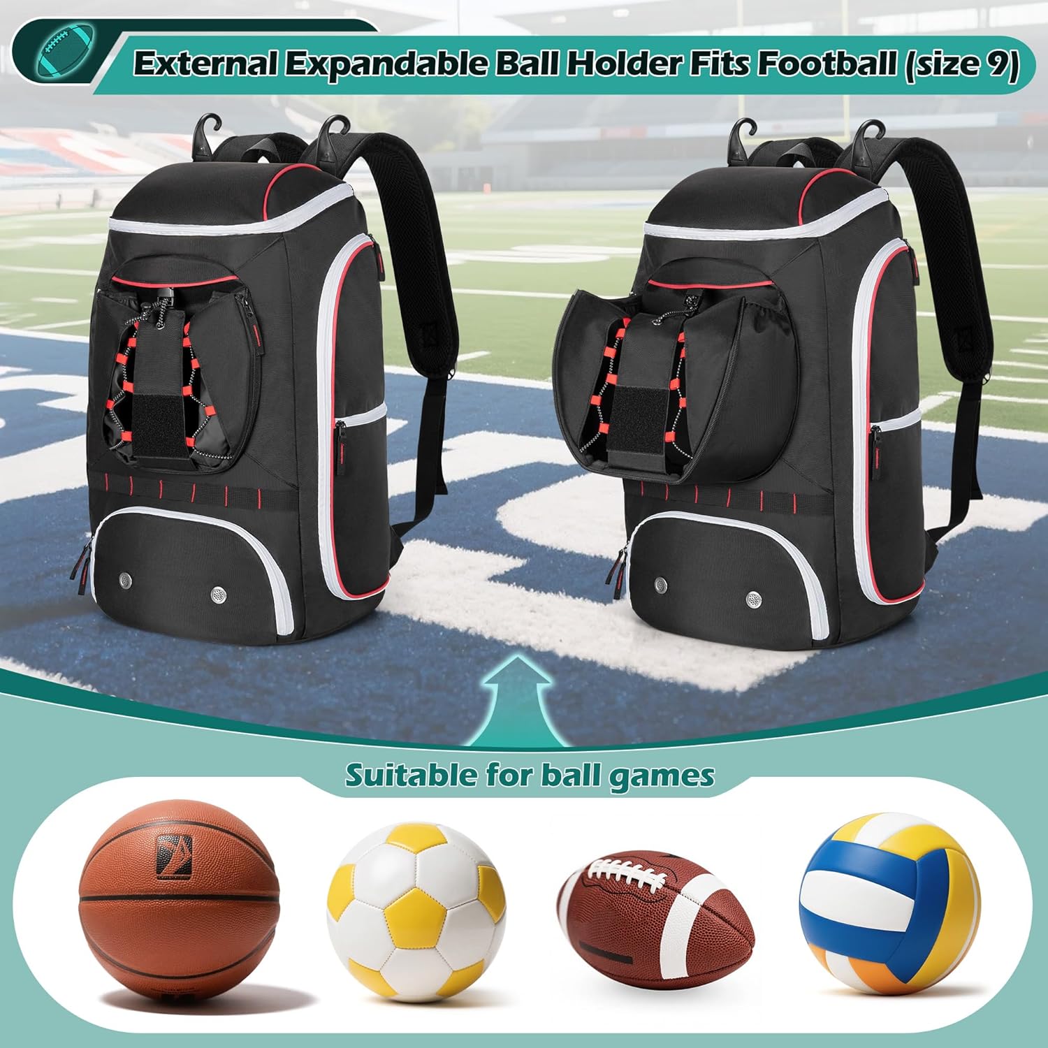 Football Bag for Equipment with External Ball Holder, Insulated Pocket and Fence Hooks, Football Backpack for Youth and Adult