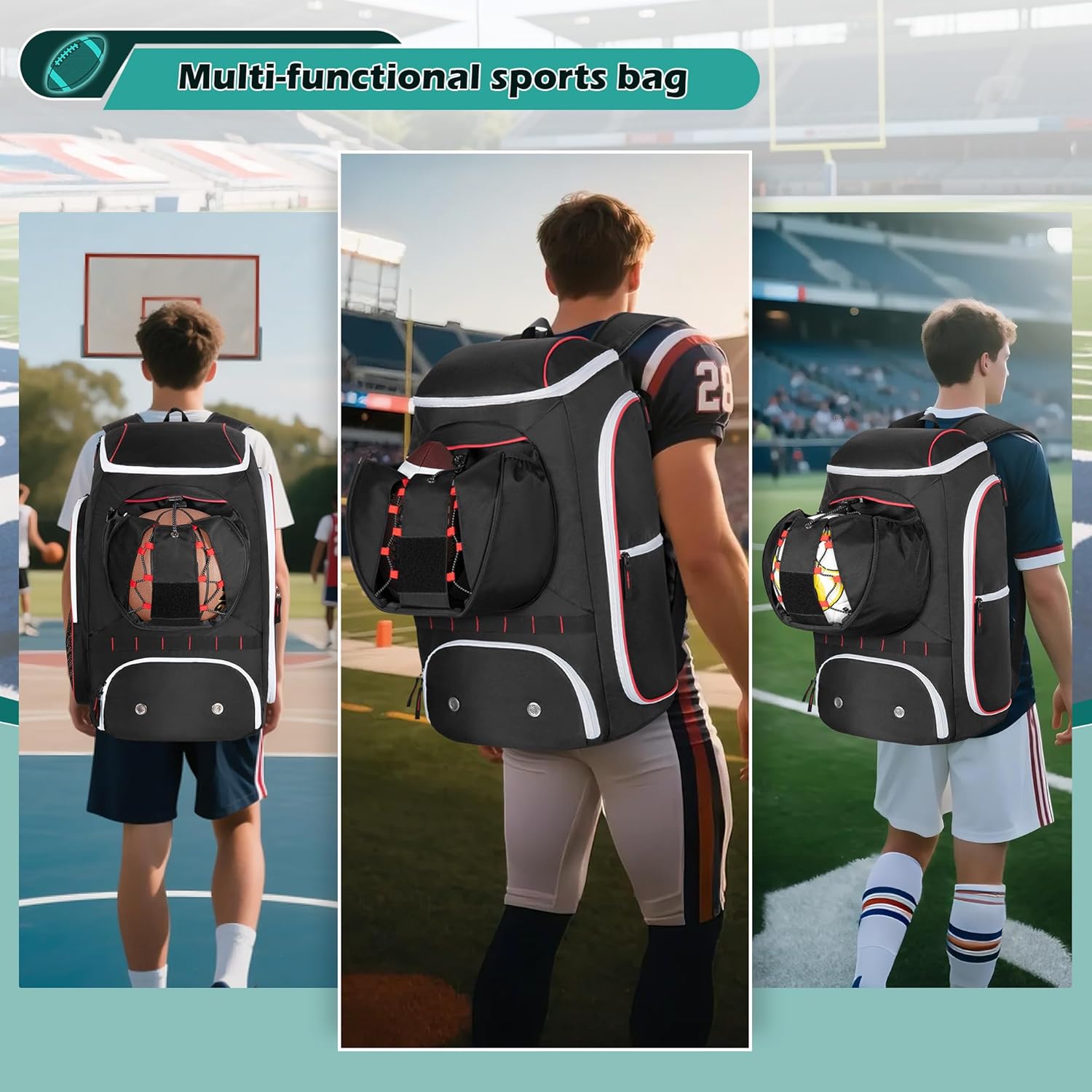 Football Bag for Equipment with External Ball Holder, Insulated Pocket and Fence Hooks, Football Backpack for Youth and Adult